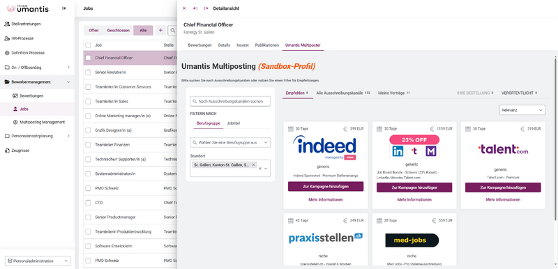 Personaladministration > Bewerbermanagement > Jobs (> Job anwählen) > Reiter "Umantis Multiposter"